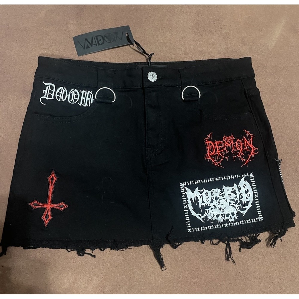 Dolls Kill Widow Noise Annoys Mini Black Denim Skirt Size M Punk Grunge Goth - Picture 9 of 13